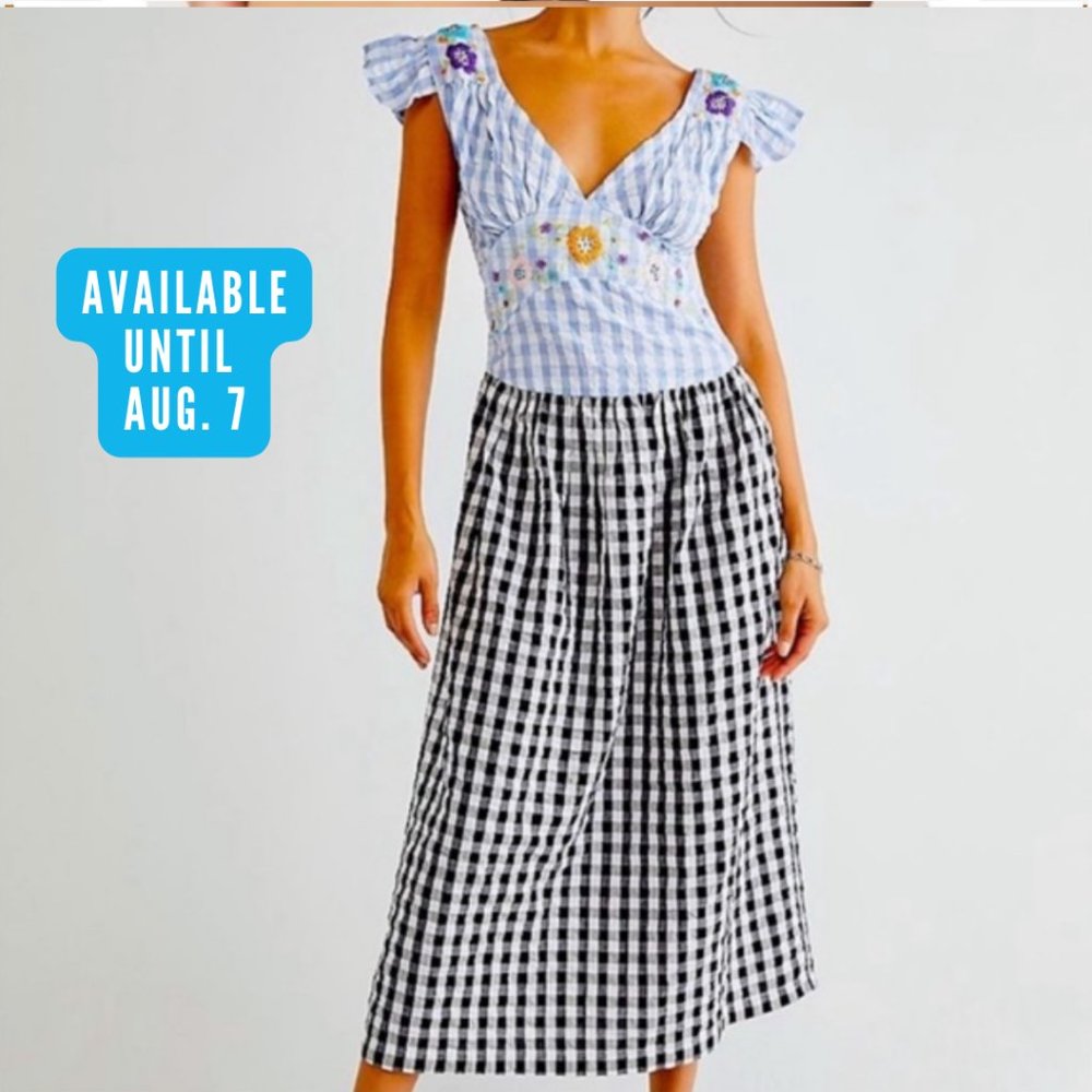 TACH Ilena Black Blue and White Gingham Midi Dress Without Embroidery